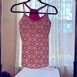 SOYBU size Small Lotus Fit White with fish is pink yoga top with build in bra!